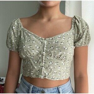 Hollister Sage Green Ditsy Floral Print Button Puff Sleeve Crop Top Womens Small